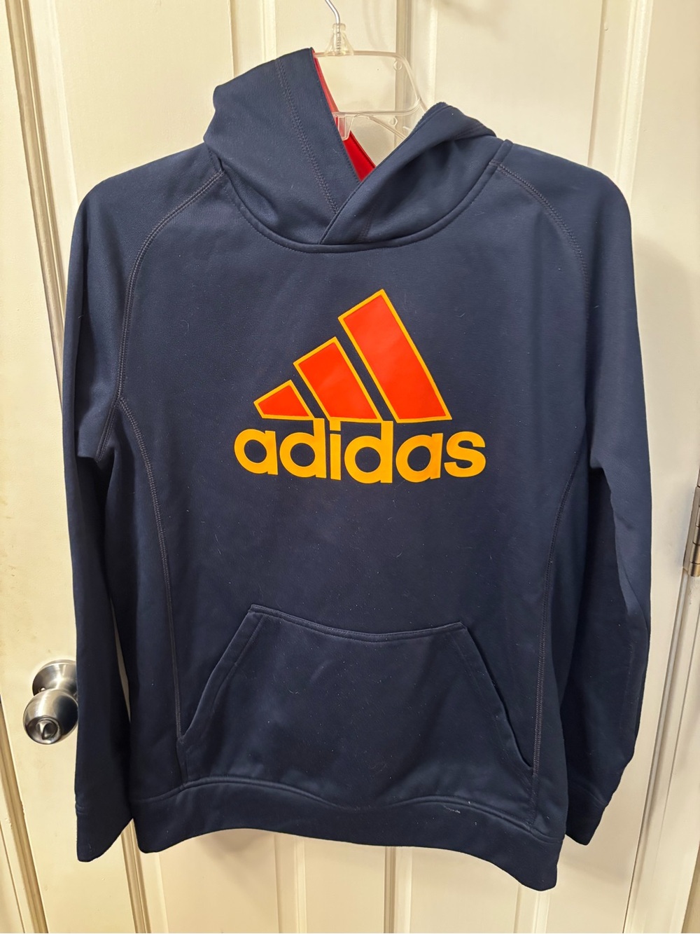 Adidas Kids Navy Hoodie with Red & Yellow Logo